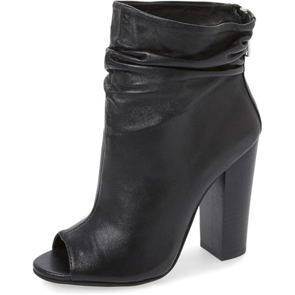 FSJ Womens Size 8 Black 4" Chunky Heel Ankle Boots Round Peep Toe Back Zip Shoes